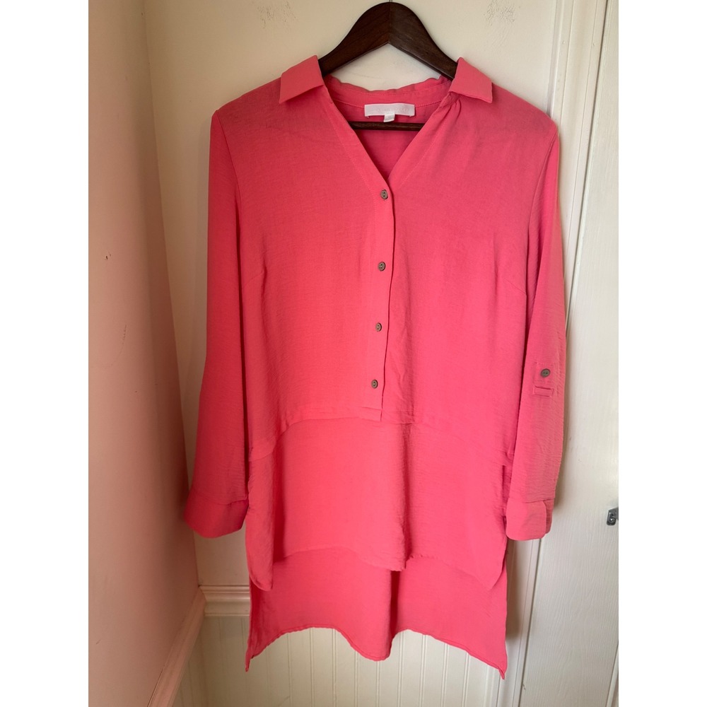 Adyson Parker Women Coral Pink High Low Tunic Blouse Roll Tab Sleeve Size M